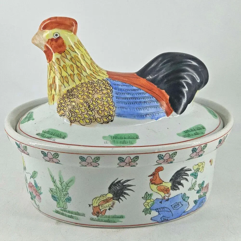 Vintage Chinese Hand Painted hen on nest Covered Casserole Dish Tureen